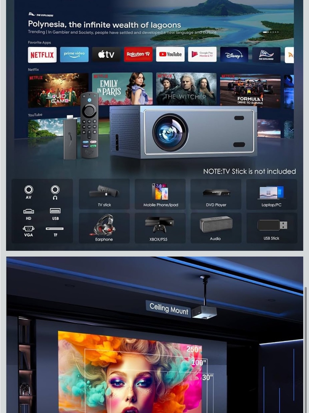 Compact Home Projector - Gray Portable Video Projector with Remote